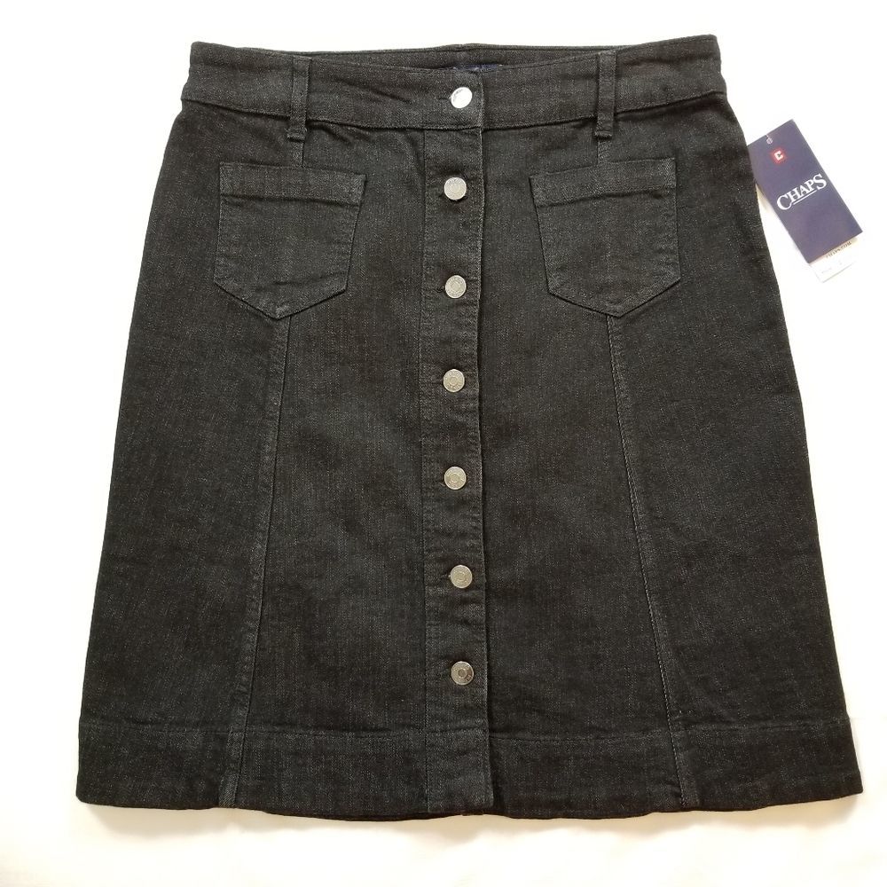 CHAPS Button Front Jean Skirt Black - Picture 1 of 8